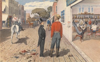 Mr. Rust, Herausgeber des "Pacific Star", und sein Bruder, Dr. Rust, vor einem Saloon in Sacramento City [Kalifornien], September 1851 von Admiral Sir Edward Gennys Fanshawe