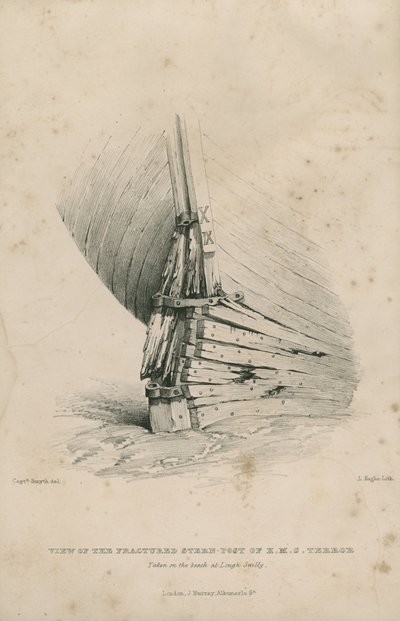 Ansicht des gebrochenen Heckpfostens der H.M.S. Terror: am Strand von Lough Swilly aufgenommen von Admiral William Henry Smyth