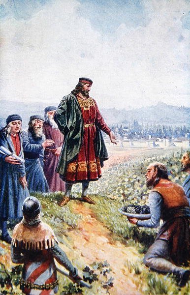 Karl IV. inspiziert Trauben während seiner Förderung des Weinbaus in Böhmen, frühes 20. Jahrhundert von Adolf (after) Liebscher