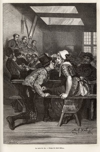 An Jahrmärkten bieten die Bauern jungen Mädchen süße Liköre an, das gleiche Glas dient allen und wird von Mund zu Mund gereicht, oft gefüllt, und ermöglicht es dem jungen Bewerber, sein Werben zu machen, im Rhythmus des Orchesters und der Tänze, Gravur von Adolf Alexander Dillens