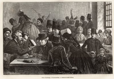 Szene in einer Herberge, in Vrouwe-Polder (Vrouwe Polder), Gravur nach der Zeichnung von Adolf Dillens, zur Illustration einer Reise nach Zeeland (Niederlande), 1873, von Charles de Coster, veröffentlicht in "Le tour du monde" 1874, herausgegeben von Edoua von Adolf Alexander Dillens