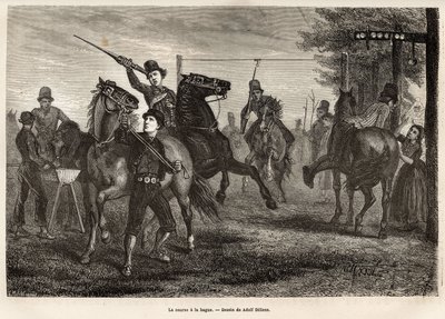 Das Rennen zum Ring in Niewland, die jungen Reiter wetteifern darum, mit einer hölzernen Lanze den Ring vom Gestell zu entfernen, an dem er aufgehängt ist, Pferd wirft Galopp; für die ungeschicktesten ist auch ein Holzlöffel von einem nahegelegenen Schild  von Adolf Alexander Dillens
