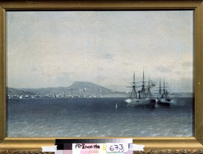 Russisch-Türkischer Krieg von 1877-1878: Die türkische Flotte bombardierte die Stadt Feodossija 1878. Gemälde von Adolf Fessler (1826-1885) 1878 Staatliche Tretjakow-Galerie von Adolf Fessler