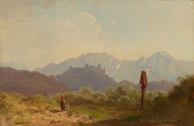 Partie bei Salzburg mit Blick auf die Festung Hohensalzburg und den dahinter aufragenden Untersberg von Adolf Heinrich Lier