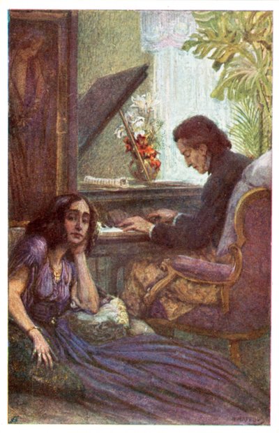 Musiker und Komponist, Frederic Chopin, mit George Sand von Adolf Karpellus (Farblithografie) von Adolf Karpellus