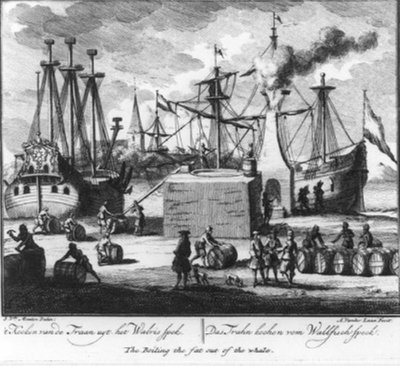 Das Kochen des Tran aus dem Walfischspeck (Nr. 16 aus der Serie Walfischfang) von Adolf van der Laan