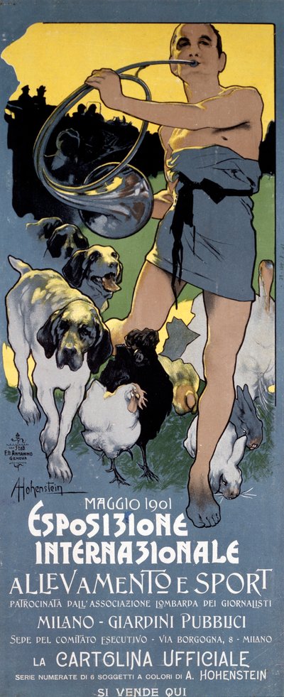 Plakat der Internationalen Ausstellung „Tierhaltung und Sport“ in Mailand, illustriert von Adolfo Hohenstein von Adolfo Hohenstein