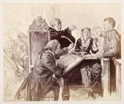 Adam redet während der Verhandlung auf Veit ein, vorn sitzt der Schreiber Licht und tunkt die Feder ein, rechts hinten der Gerichtsrat, im Begriff zu niesen, zu Heinrich von Kleist "Der zerbrochene Krug" von Adolph Menzel