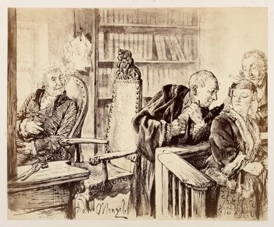Adam spricht heimlich zu Eva. Licht hört zu. Der Gerichtsrat ruft Adam auf den Richterstuhl zurück, zu Heinrich von Kleists „Der zerbrochene Krug“ von Adolph Menzel