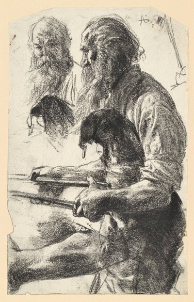 Alter Eisenarbeiter mit Schurzfell und Zange in der Hand. Studie zum "Eisenwalzwerk. Moderne Cyklopen" von Adolph Menzel
