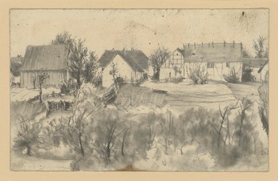 Blick auf Scheunen und Bauernhäuser, im Vordergrund niedrige Bäume und Buschwerk von Adolph Menzel