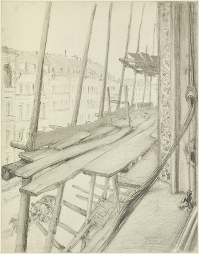 Blick aus dem Fenster auf ein Baugerüst und die Straße von Adolph Menzel