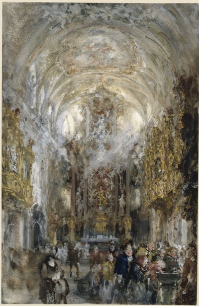 Blick in die Stiftskirche Unserer Lieben Frau zur Alten Kapelle in Regensburg, vorn rechts Personen am Weihwasserbecken von Adolph Menzel