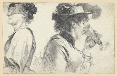Brustbild einer Dame mit Schleier und Dame mit Hut, die aus einem Glas trinkt von Adolph Menzel