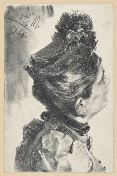 Brustbild einer aufblickenden Dame mit Hut, nach rechts von Adolph Menzel