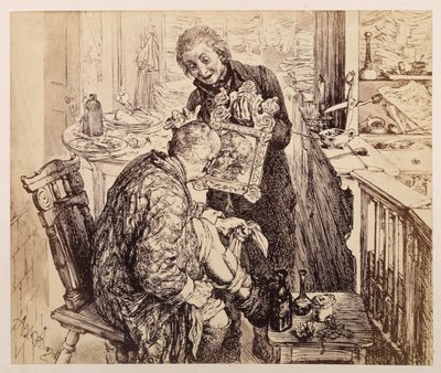 Der Schreiber Licht findet Dorfrichter Adam beim Verbinden des Beines. Adam betrachtet im Spiegel, den ihm Licht vorhält, sein zerschundenes Gesicht, zu Heinrich von Kleist "Der zerbrochene Krug" von Adolph Menzel