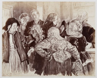 Die alte Brigitte mit der Perücke im Gerichtszimmer, zu Heinrich von Kleist "Der zerbrochene Krug" von Adolph Menzel