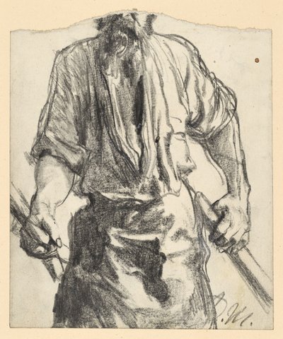 Eisenarbeiter mit Schurzfell und Hölzern in den Händen. Studie zum "Eisenwalzwerk. Moderne Zyklopen" von Adolph Menzel