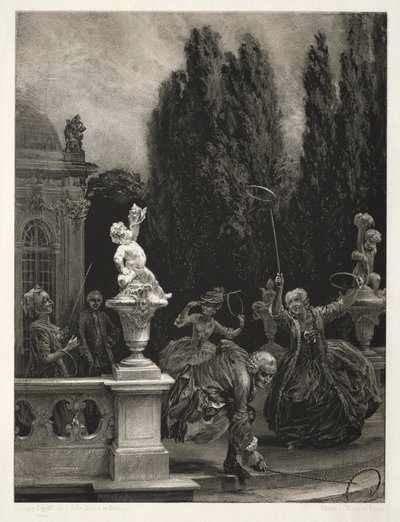 Essay über Stein mit Pinsel und Schaber: Spielen mit Reifen auf der Schlossterrasse, 1851 von Adolph Menzel