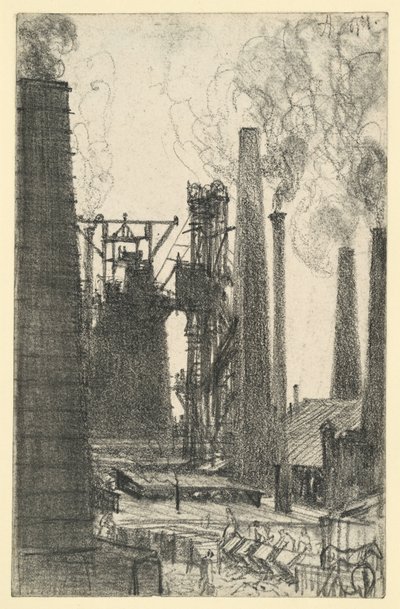 Fabrikplatz mit rauchenden Schloten (Königshütte?) von Adolph Menzel