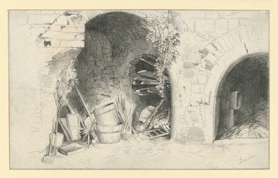 Fässer und Bretter unter Bögen der Jungfernbastei in Dresden von Adolph Menzel