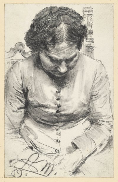 Frau mit Häubchen im Lehnstuhl sitzend, den Kopf etwas gesenkt von Adolph Menzel