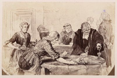 Frühstückspause. Die Mägde decken den Tisch, Adam schenkt ein. Links geht der Gerichtsrat ungeduldig auf und ab, zu Heinrich von Kleist "Der zerbrochene Krug" von Adolph Menzel