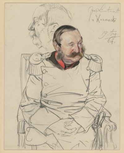 Generallieutenant von Kumowski, Kniestück, en face sitzend, Kopf vorgeneigt nach links, l.: Kopfstudie im Profil nach links, Porträtstudie zu "Die Krönung Wilhelms I. in Königsberg" von Adolph Menzel