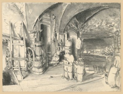Gewölbter Raum mit Haus- und Ackergerät von Adolph Menzel