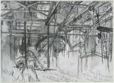 Halle im Walzwerk Königshütte. Studie zum "Eisenwalzwerk. Moderne Zyklopen" von Adolph Menzel