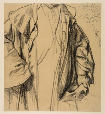 Heinrich von Kleist, Der zerbrochene Krug: Modellstudie eines Offiziers im Mantel, Kopf nicht dargestellt, Halbfigur mit Hut in der Linken und Stock in der Rechten von Adolph Menzel