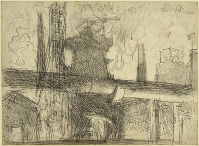 Hochofen, Schornsteine, Leitungsrohr in Königshütte von Adolph Menzel