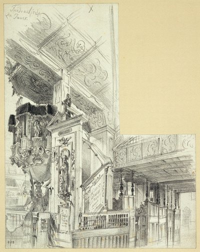 Interieur mit Kanzel der Friedenskirche in Jauer von Adolph Menzel