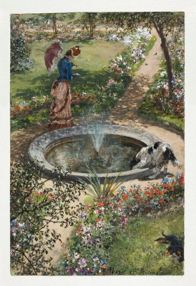 Frau spaziert um den Brunnen im Kurpark in Kissingen von Adolph Menzel