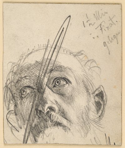 Kopf eines aufblickenden Mannes mit Schnurrbart, den Kopf etwas zur Seite geneigt von Adolph Menzel