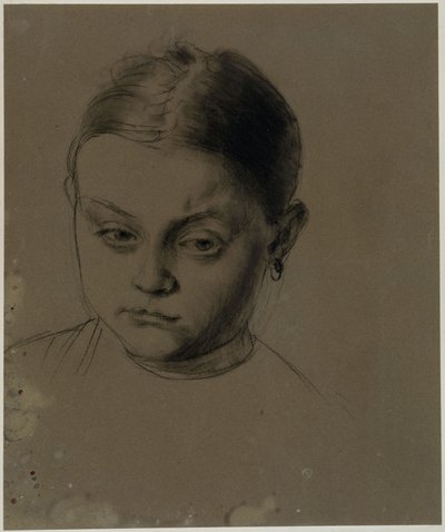 Mädchenkopf en face, mit leicht gesenktem Kopf, Ohrring von Adolph Menzel