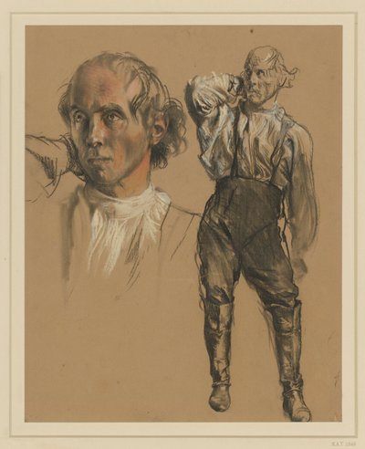 Mann in Hemd, Hosen und hohen Stiefeln, en face stehend, mit der Rechten in den Nacken fassend, Blick nach links, links: größere Kopfstudie von Adolph Menzel