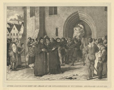 Martin Luther schlägt am 31. Oktober 1517 seine 95 Thesen gegen den Ablass an die Schlosskirche zu Wittenberg von Adolph Menzel