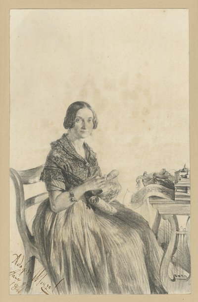 Pauline Martini, geb. Dambke, am Tisch sitzend, Blick dem Betrachter zugewandt von Adolph Menzel