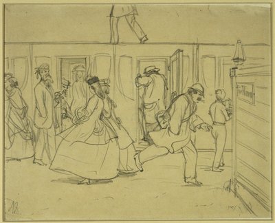 Reisende an der Bahnstation („Für Herren“) von Adolph Menzel
