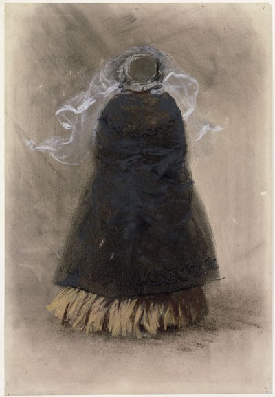 Rückenfigur einer Dame mit Hut und wehendem Schleier von Adolph Menzel