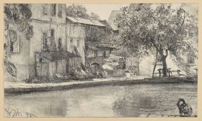 Rückseite einer Häuserreihe und Baum am Wasser von Adolph Menzel