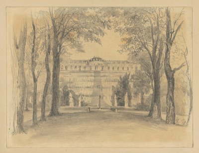 Schloss Sanssouci mit den Terrassen und dem Brunnen von Adolph Menzel