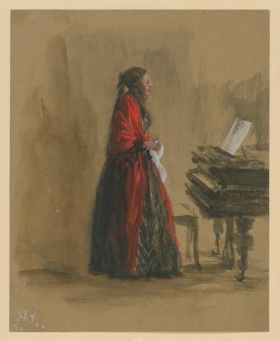 Singende Frau, an einem Flügel stehend, im Profil nach rechts von Adolph Menzel