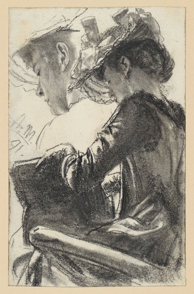 Sitzende Frau mit Hut, ein Buch in den Händen, der Kopf wiederholt von Adolph Menzel