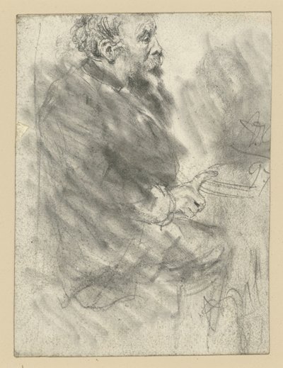 Sitzender bärtiger Mann, nach rechts, den Zeigefinger der rechten Hand ausgestreckt auf der Tischplatte haltend von Adolph Menzel