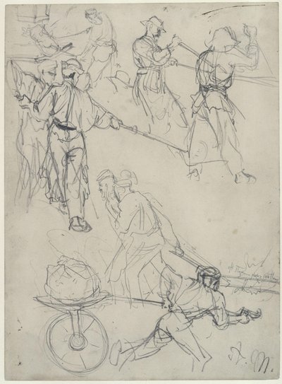 Skizzen von Arbeitern bei verschiedenen Tätigkeiten im Walzwerk. Studie zum "Eisenwalzwerk. Moderne Zyklopen" von Adolph Menzel