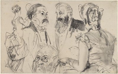 Skizzenblatt mit drei Männerköpfen und zwei weiblichen Rückenfiguren einer vornehmen Gesellschaft von Adolph Menzel