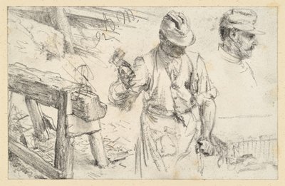 Steinmetz bei der Arbeit, Werkstattbock und Details von Adolph Menzel