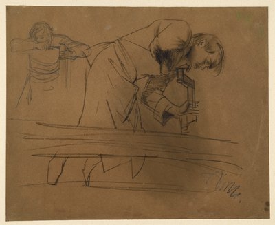 Tischler mit Bohrer sowie mit Stecheisen arbeitend von Adolph Menzel